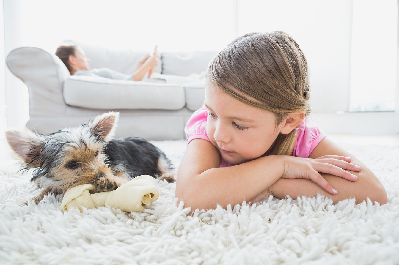 A child and a dog lying on a plush carpeted floor.