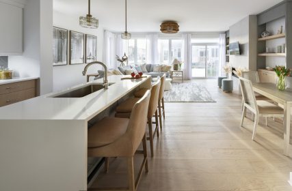 Ficus Kitchen Island with white quartz counters and seating.